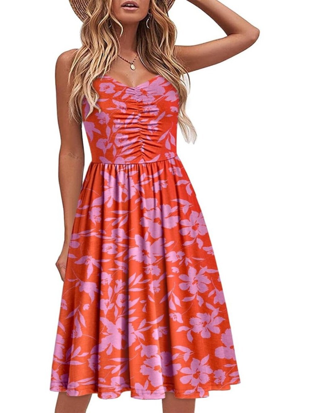 Women's Red Pink Floral Sleeveless V Neck A LINE Spaghetti Pockets MIDI Dress